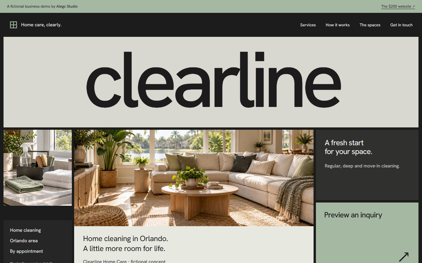 Clearline Home Care website, with sage and charcoal panels and a light-filled living room