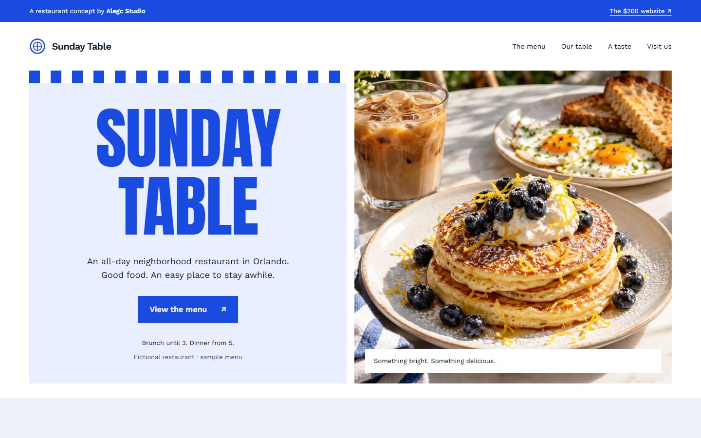 Sunday Table website, with a blue and white menu-card composition and brunch photograph