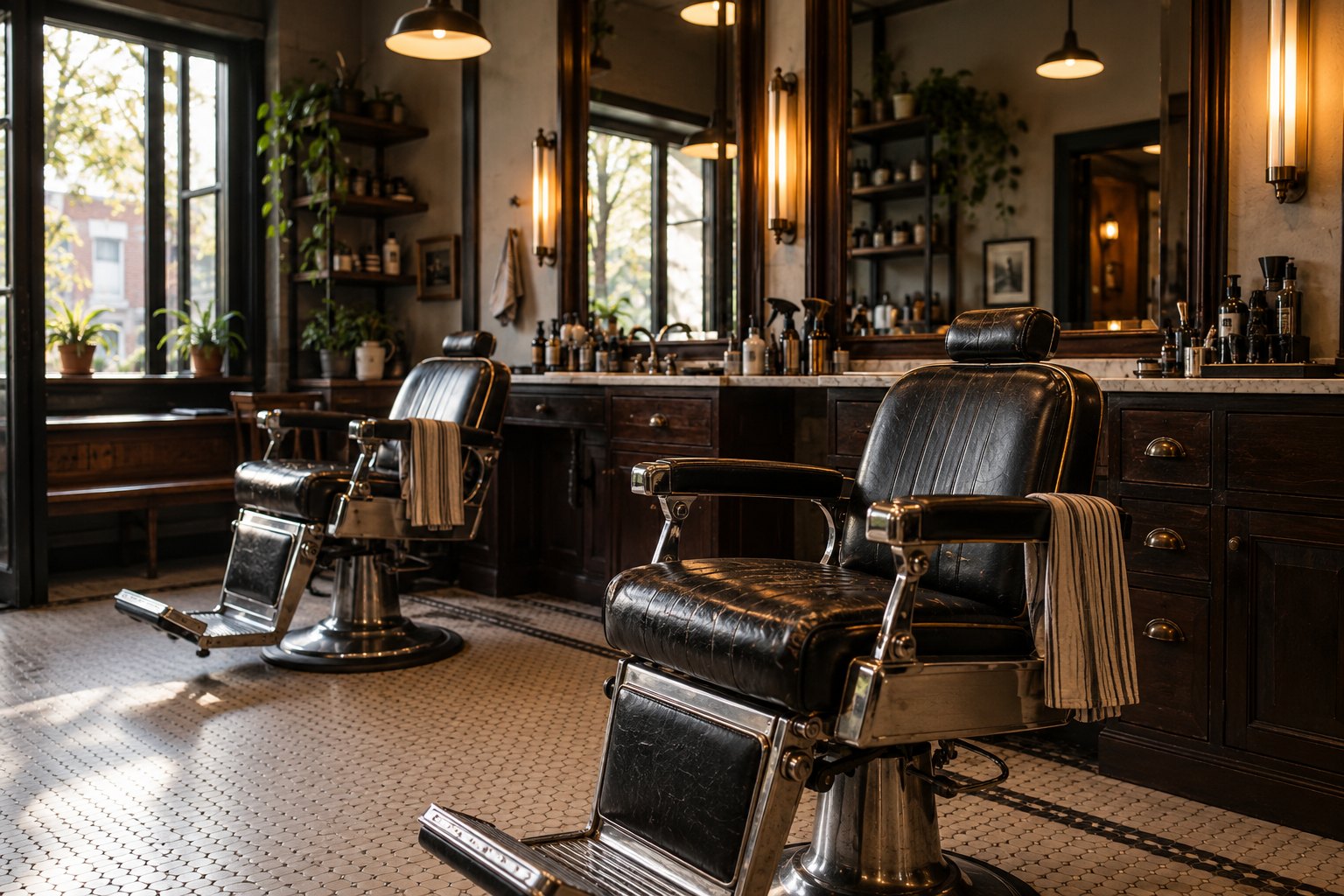 Concept barbershop interior with two black leather chairs, mirrors and dark wood