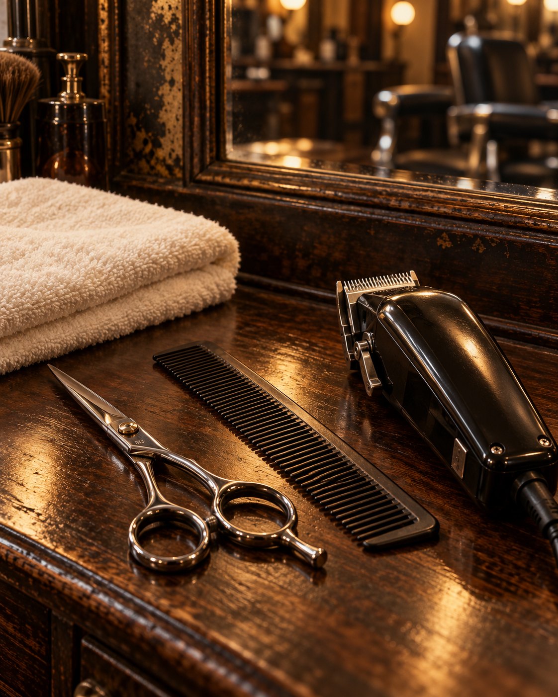 Scissors, comb and clippers on a wood workstation, generated concept image