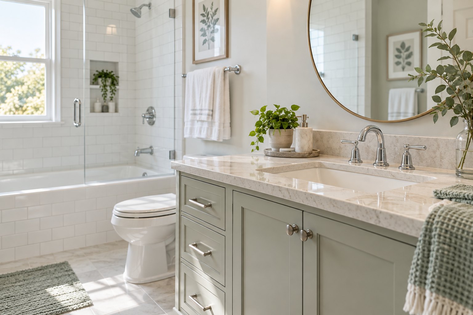 Concept bathroom with white tile, a clean vanity and neatly folded towels