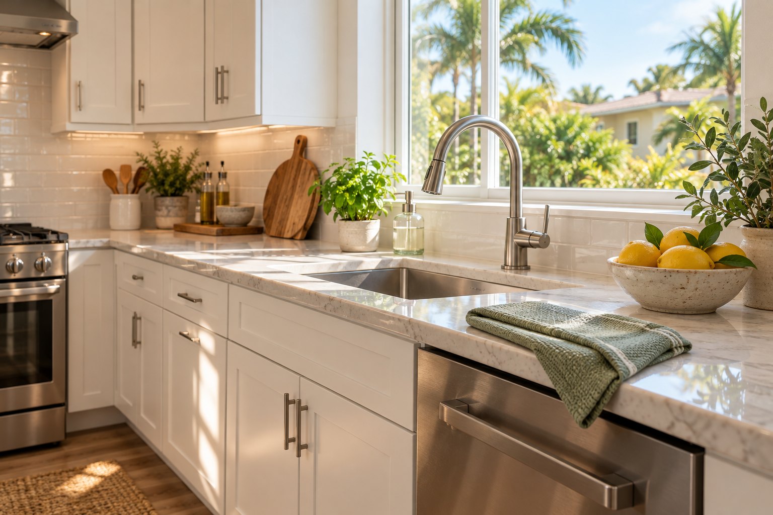 Concept kitchen with pale counters, a chrome tap and a folded sage towel