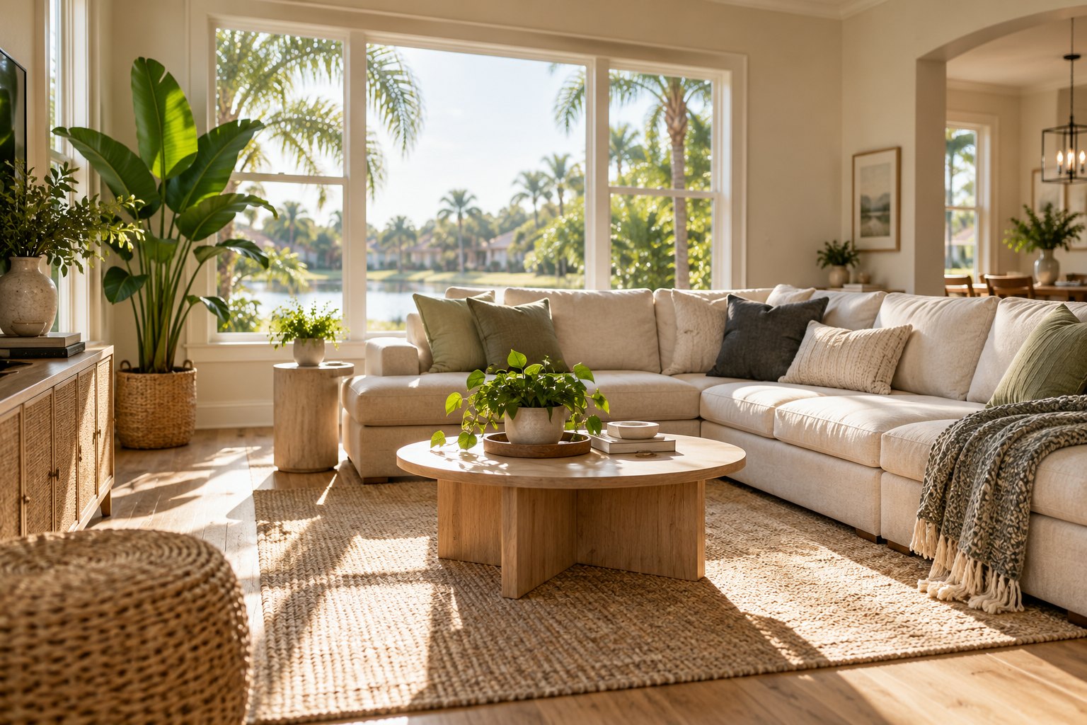 A sunlit conceptual living room with a linen sofa, sage cushions and clear surfaces