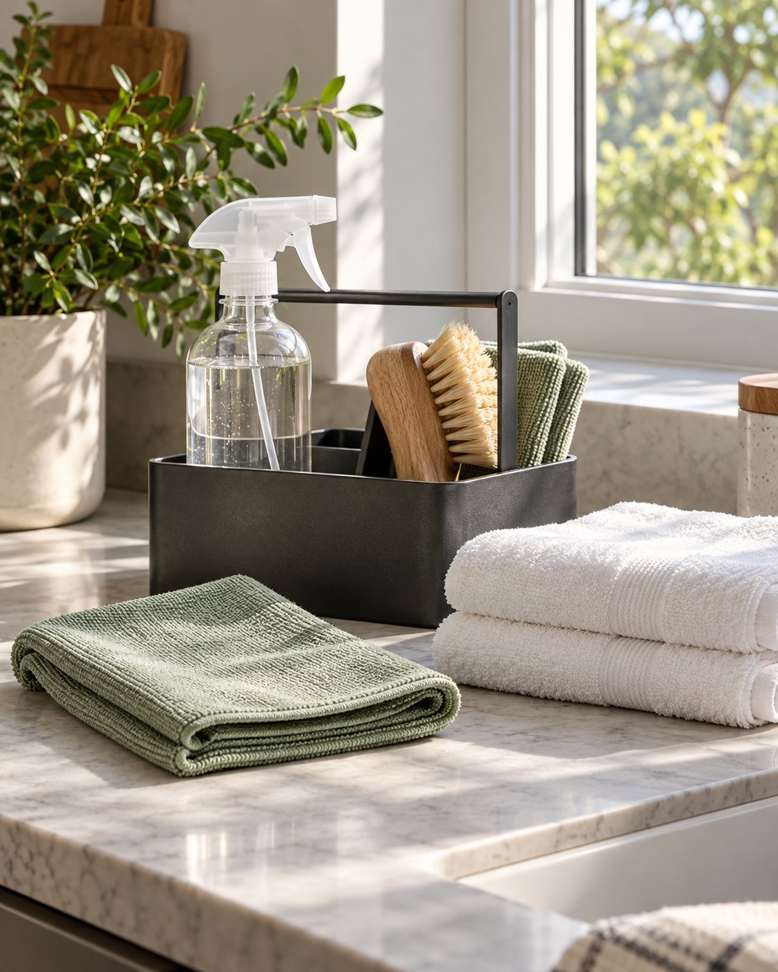 Concept cleaning caddy with folded cloths, a brush and an unbranded spray bottle