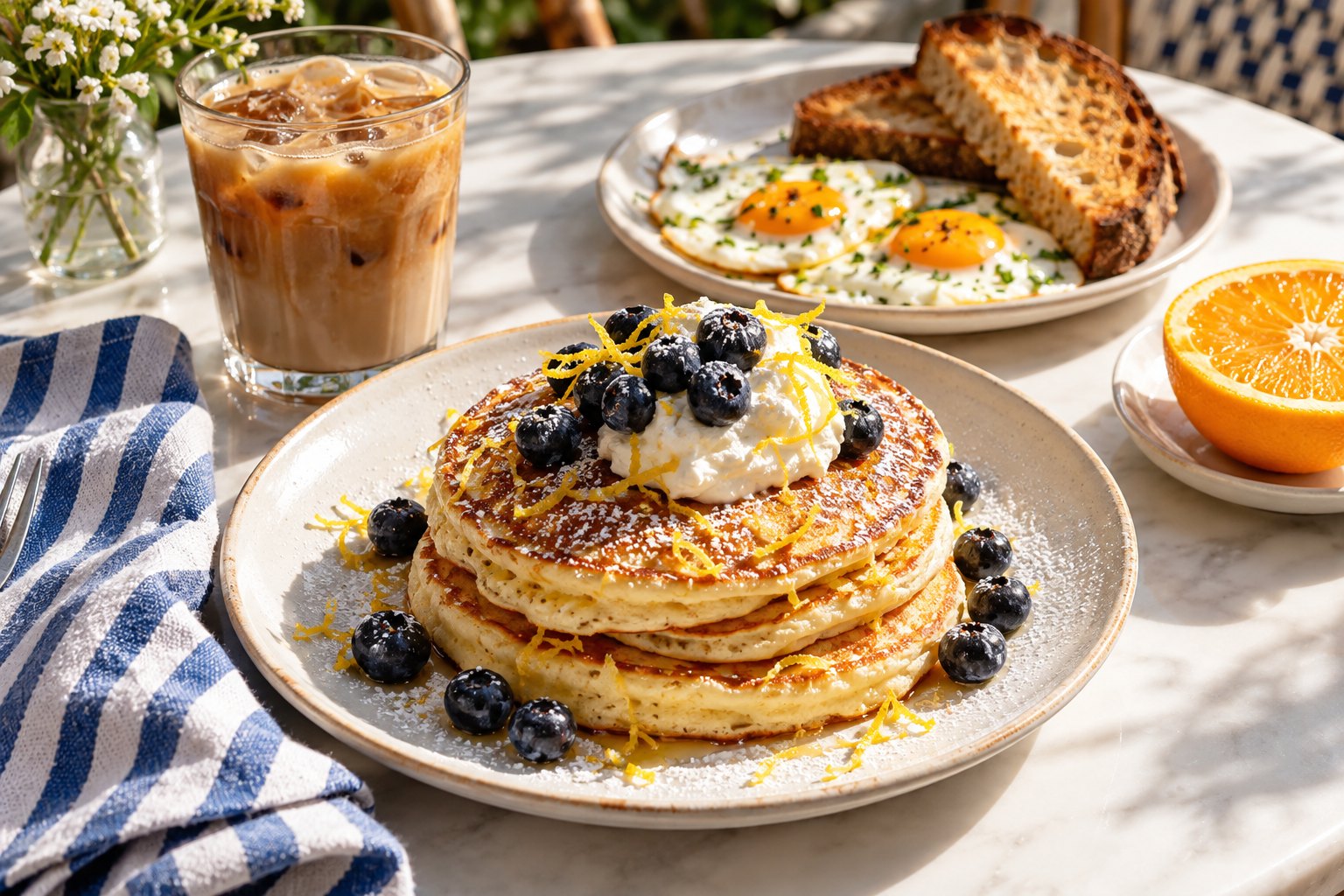 Concept brunch table with lemon pancakes, eggs, toast and iced coffee in soft daylight